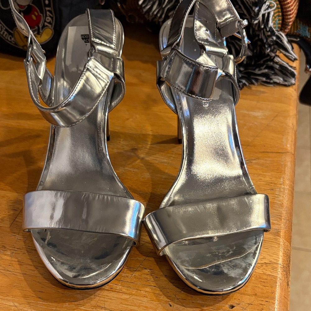 Karl Lagerfeld Silver Patent Ankle-Strap Heels